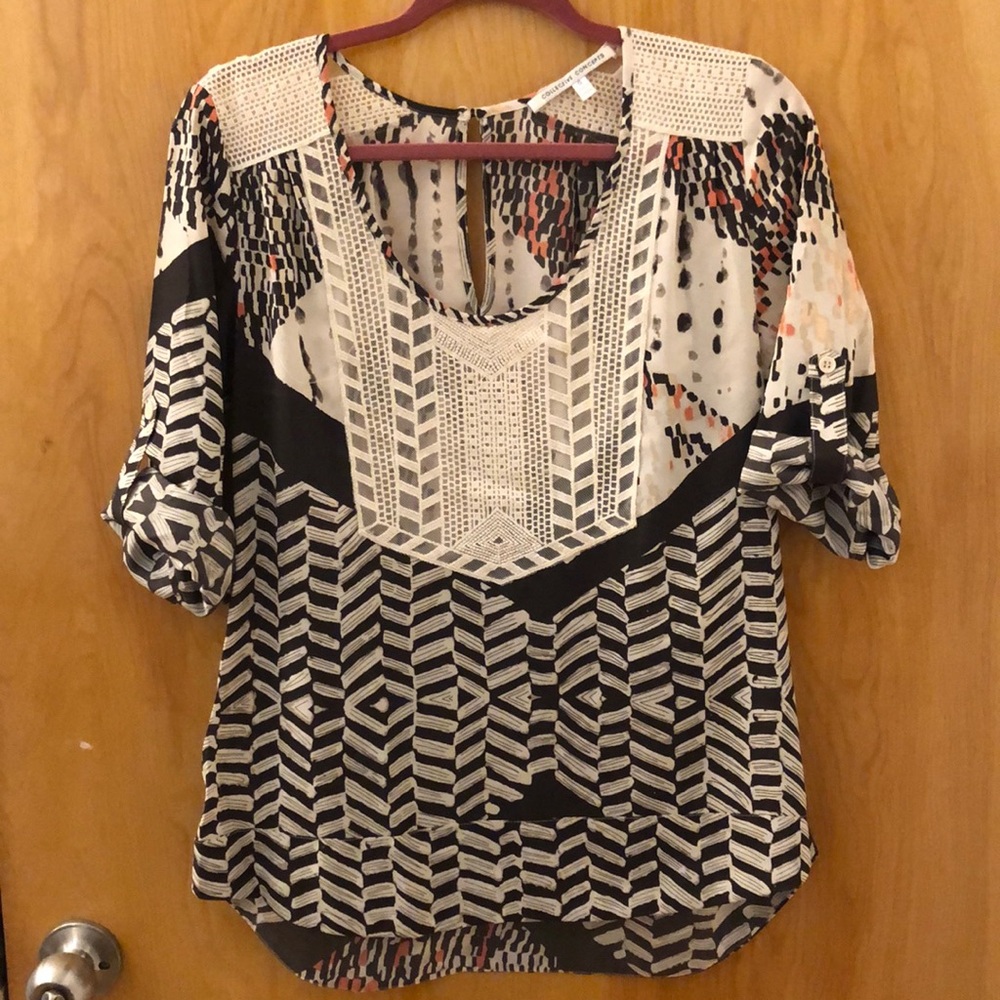 Patterned & crocheted quarter sleeve blouse